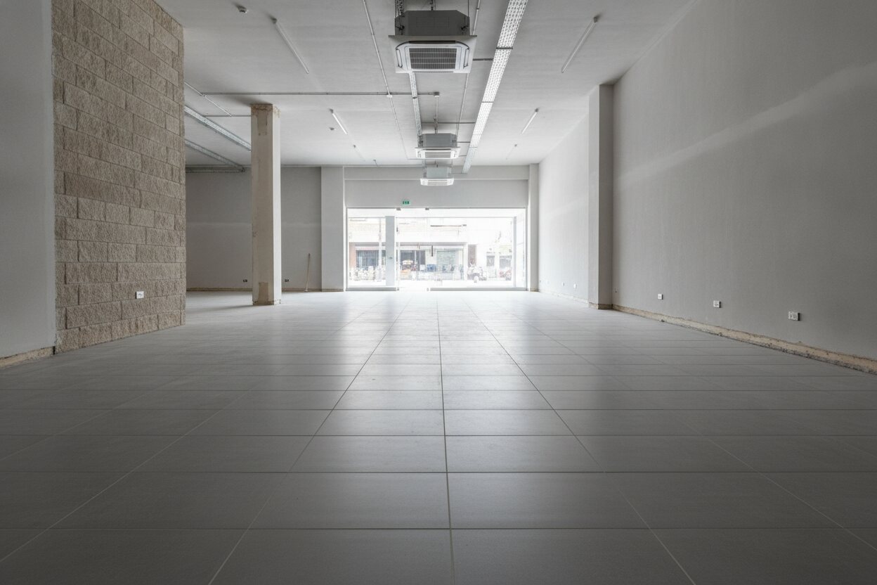 Large-format porcelain floor tiles in a commercial shop fit-out, a hard-wearing finish suited to high-traffic retail and office spaces