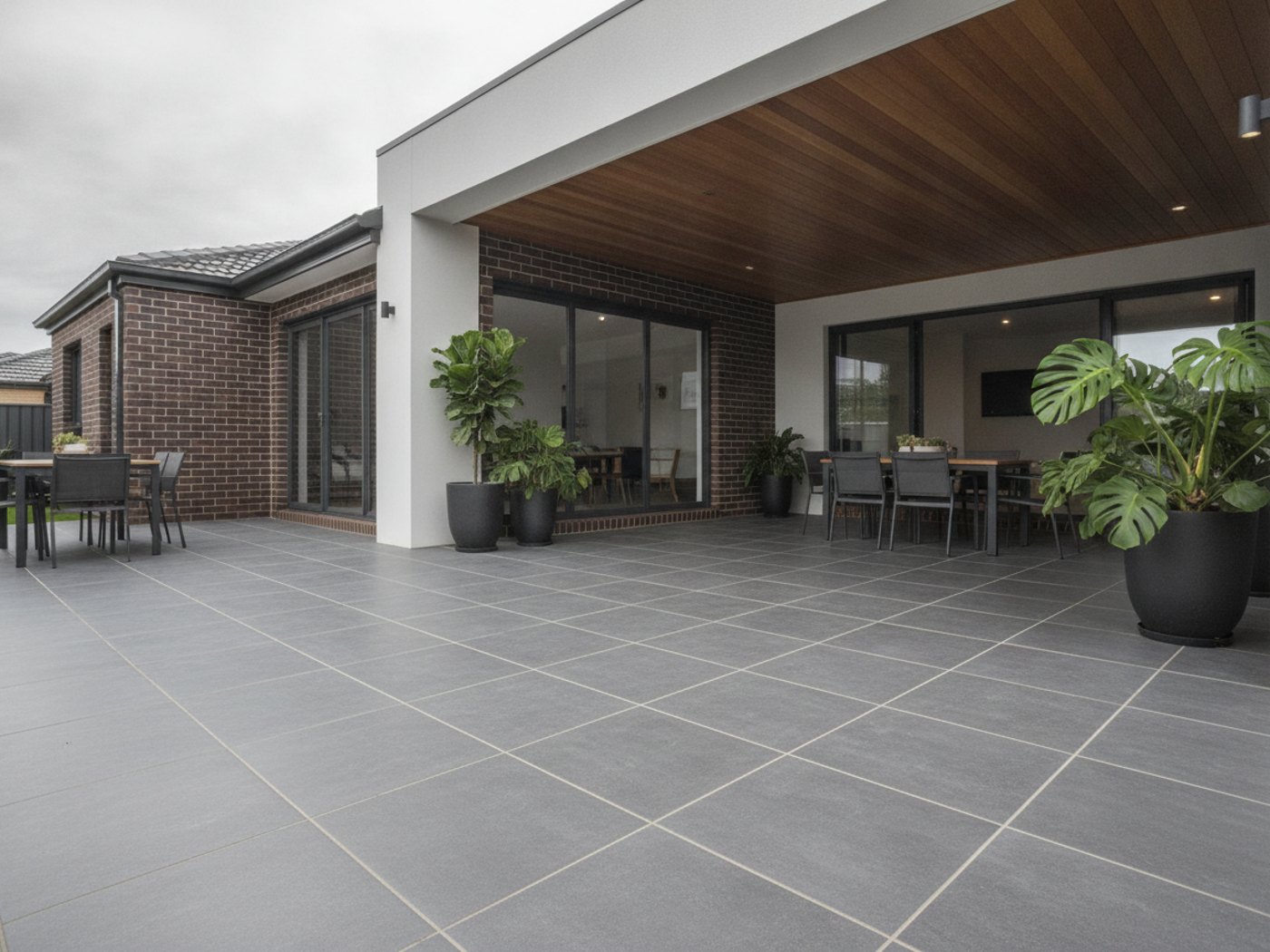 A newly tiled outdoor alfresco patio with large-format grey porcelain floor tiles and clean grout joints