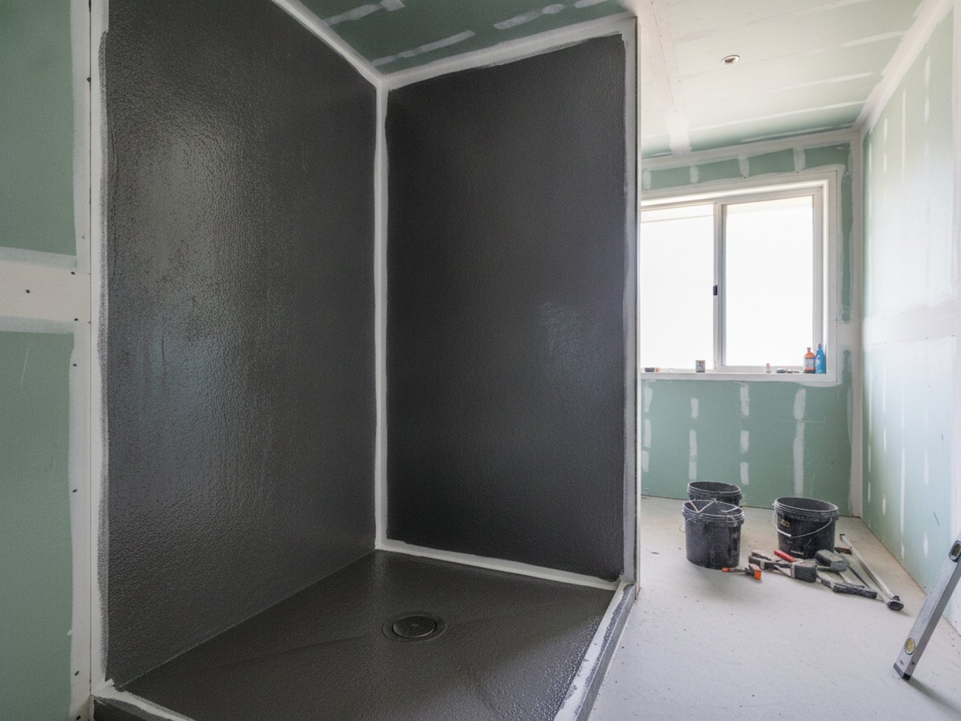 A shower recess sealed with waterproofing membrane and reinforced corner fillets before tiling, with the floor falling to a drain