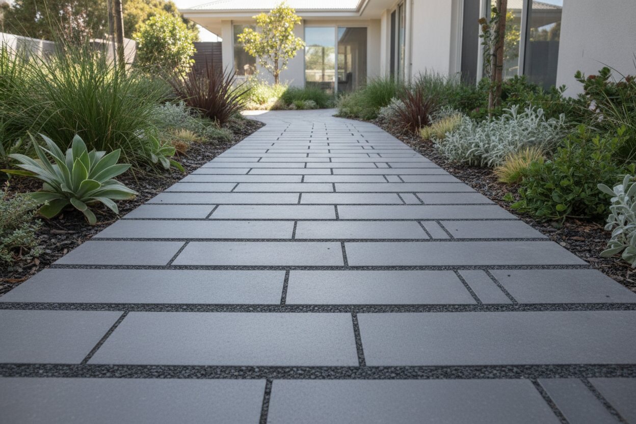 An outdoor pathway paved with large-format porcelain tiles laid in a straight pattern