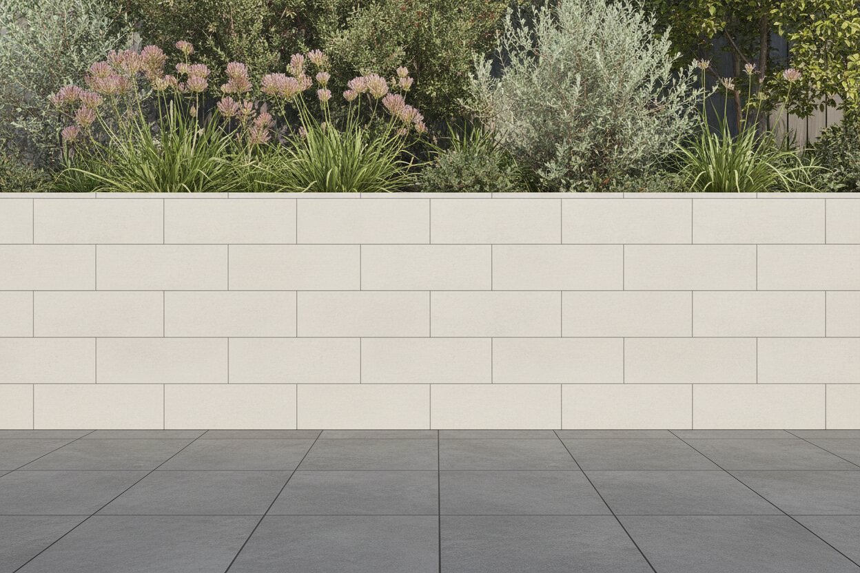 An outdoor retaining wall faced with large-format porcelain tiles beside a tiled patio