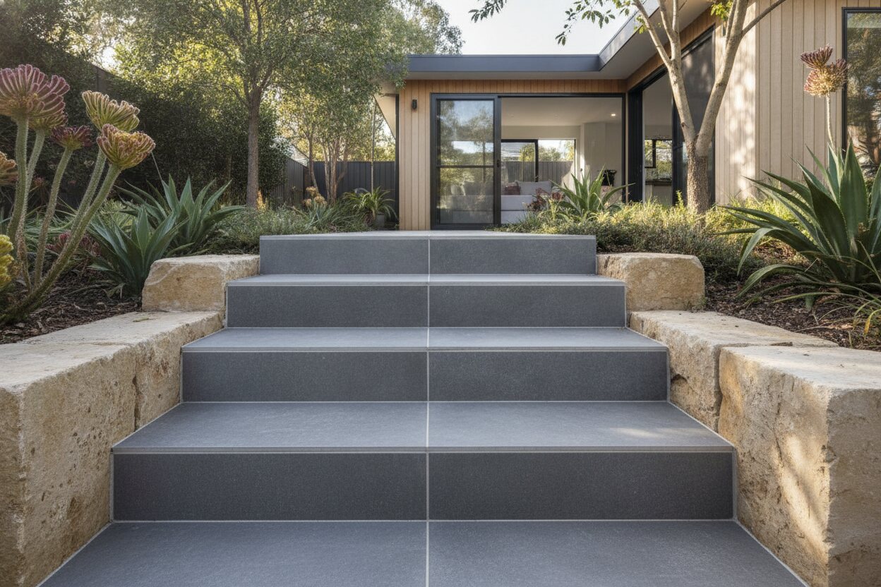 Outdoor garden steps finished with large-format porcelain tiles and clean grout joints