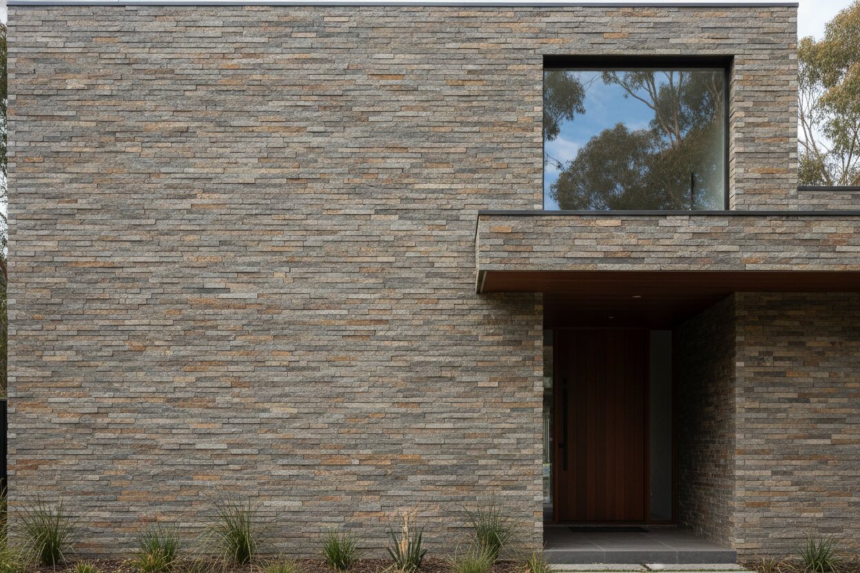 The external facade of a modern home clad in stacked stone ledgestone panels