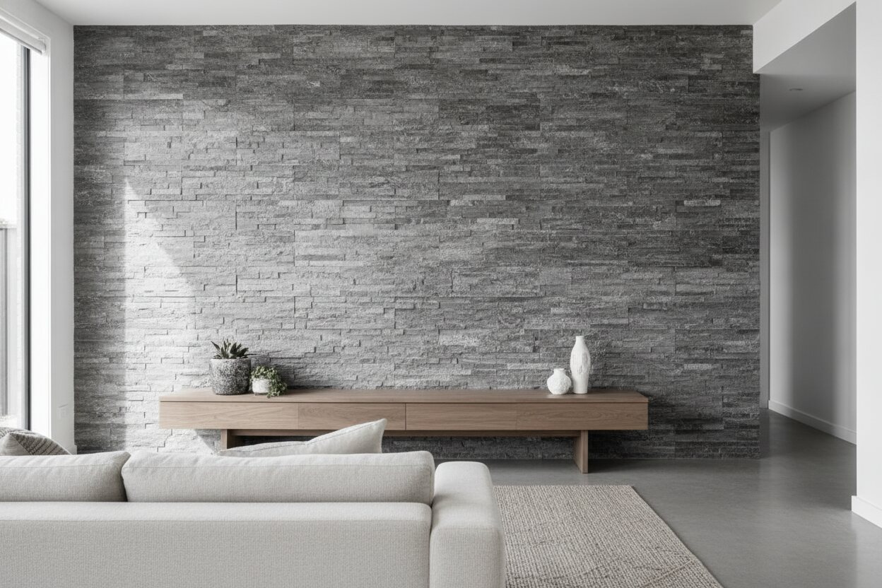 An internal feature wall clad in stacked stone ledgestone panels in natural grey tones