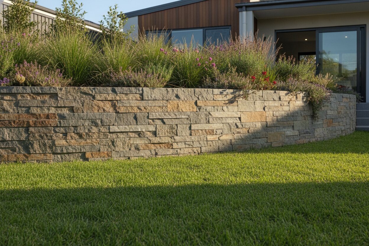 A landscaped garden retaining wall clad in stacked stone ledgestone panels