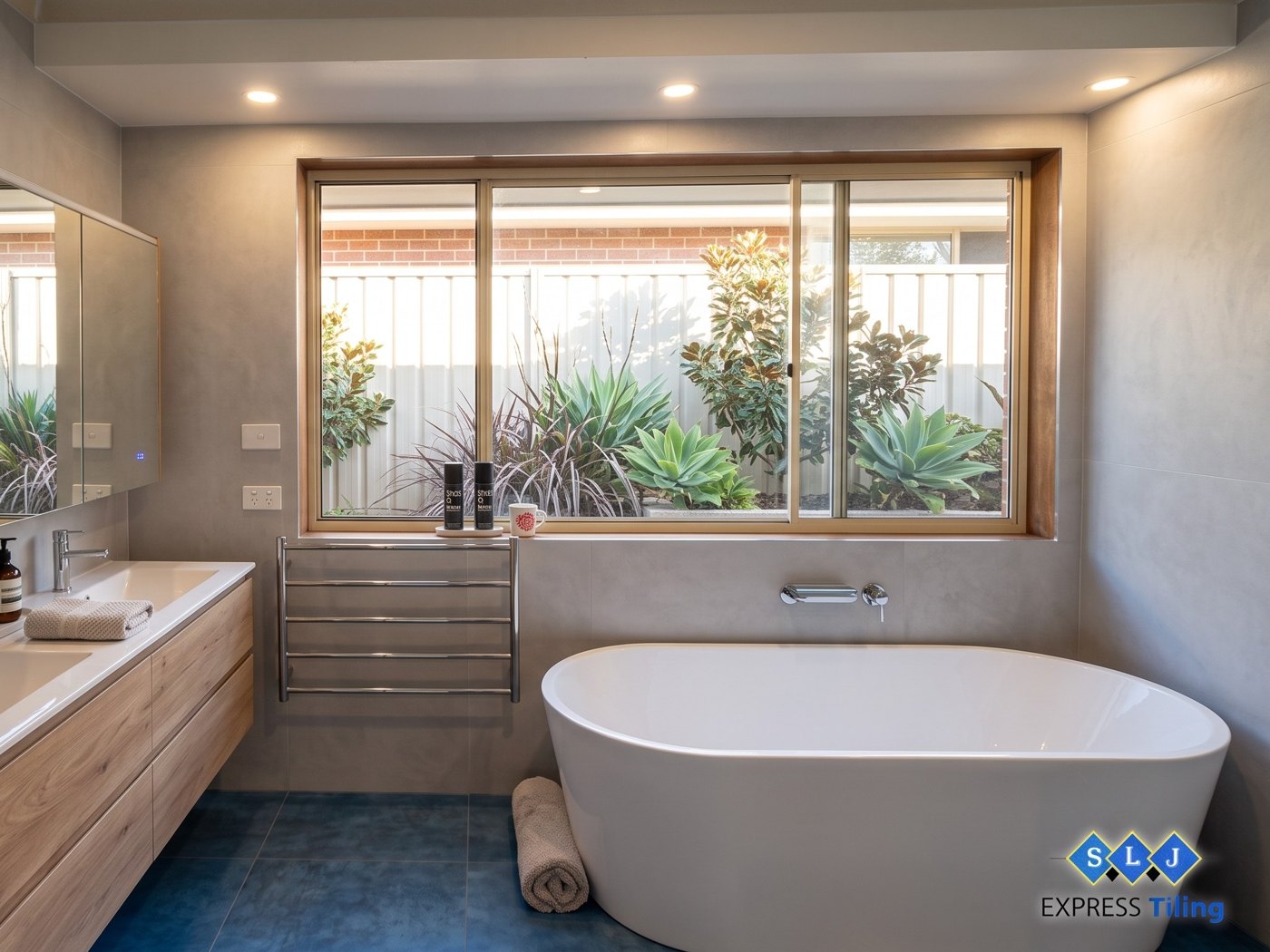 Renovated bathroom with a freestanding bath and timber vanity, tiled by SLJ Express Tiling & Waterproofing