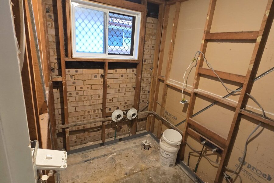 Bathroom stripped back and prepared for new sheeting, waterproofing and tiles during a full renovation by SLJ Express Tiling